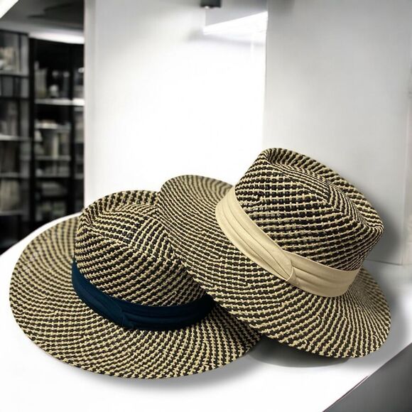Two Tone Wide Brim Pork Pie Weave Straw Sun Boater Hat - NEW - Picture 6 of 6